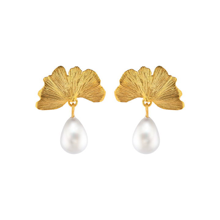 Ginkgo Earrings with Drop Pearl