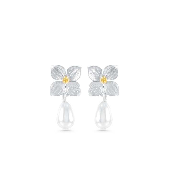 White Hydrangea Earrings with Drop Pearl